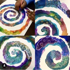 four pictures of different spirals made with paper and colored watercolors on white paper