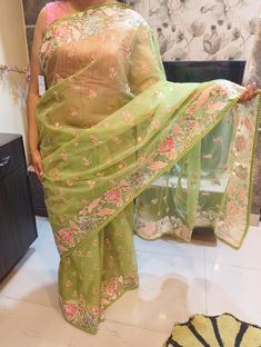 Beautiful organza saree with Resham work all over Green Organza Blouse Piece With Pallu, Organza Blouse Piece With Pallu In Green, Pre-draped Organza Saree With Pallu, Organza Pre-draped Saree With Pallu, Traditional Pista Green Organza Pre-draped Saree, Traditional Green Organza Blouse Piece, Green Organza Blouse Piece With Zari Work, Green Organza Traditional Wear With Traditional Drape, Traditional Green Organza Wear With Traditional Drape