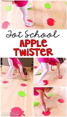 a collage of photos showing how to use apple twisters for an apple themed activity