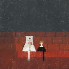 a white bear sitting on top of a red chair next to a teddy bear holding flowers