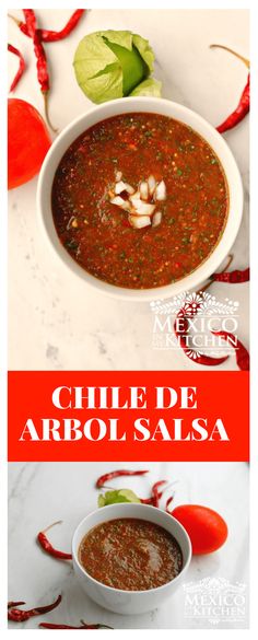 a bowl of soup with tomatoes and basil on the side, next to it is an advertisement for chili de argolasa