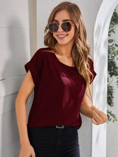 SHEIN LUNE Rolled Cuff Batwing Sleeve Blouse | SHEIN USA Boho Womens Clothing, Leather Blouse, Batwing Sleeve Blouse, Burgundy Blouse, Satin Crop Top, Womens Tops Dressy, Women Shirts Blouse