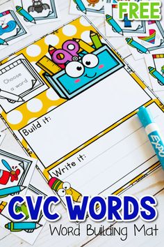 the cvc words word building mat is on top of a table with markers and pens