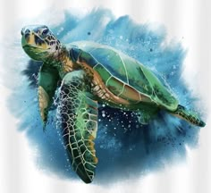 a painting of a green turtle swimming in blue water with bubbles around it's head