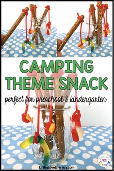 camping theme snack in a jar with the words camping theme snack perfect for preschool and kinder