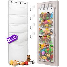 the toy organizer is next to an over - sized display case with stuffed animals in it