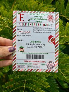 a person holding up a christmas express mail card in front of some green plants and trees