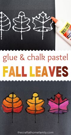 Pictures of in-process and finished chalk pastel fall leaf craft with the words "Glue & Chalk Pastel Fall Leaves" Chalk Leaf Art, Fall Craft Classroom, Fall Leaf Chalk Art, Leaf Art Craft, Craft With Black Paper, Easy Fall Arts And Crafts For Kids, Fall Creative Art For Kids, Templates For Painting Free Printables, Drawing With Chalk Pastels