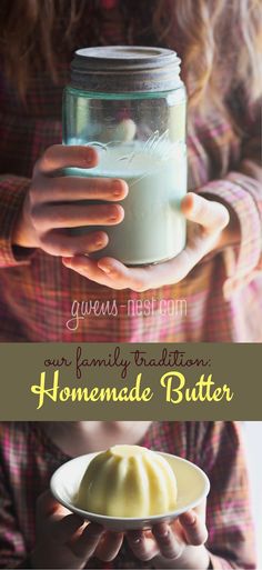 a person holding a plate with some food on it and the words homemade butter in front of them