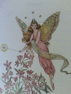 a drawing of a fairy sitting on top of flowers