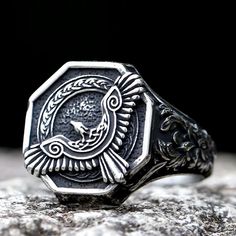 Stainless Steel Viking Odin Eagle Ring For Men Steel Punk Amulet Biker Jewelry Vintage Silver Jewelry For Outdoor, Punk Stainless Steel Jewelry With Metal Ring, Punk Style Stainless Steel Metal Ring Jewelry, Engraved Punk Style Metal Jewelry, Engraved Metal Punk Jewelry, Punk Stainless Steel Jewelry For Bikers, Punk Stainless Steel Jewelry For Biker Events, Punk Style Engraved Metal Jewelry, Punk Style Stainless Steel Jewelry For Biker Events