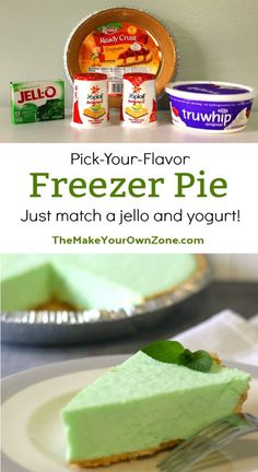 a slice of pie on a plate with yogurt in the background and an advertisement that says pick - your - flavor freezer pie just match a jello and yogurt