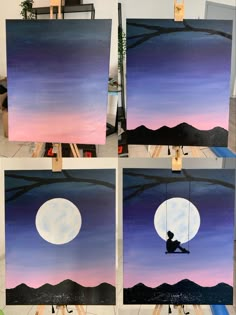 four pictures of the same person sitting on a swing in front of a full moon