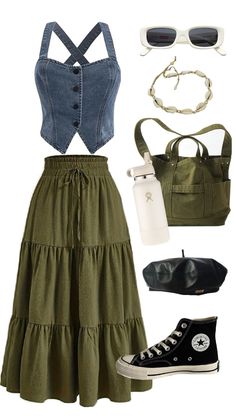 clothes, stylish, skirt, green Phoebe Buffay Outfits, Girls Night Outfit, Casual Day Outfits, Tomboy Style Outfits, Swaggy Outfits, Modest Fashion Outfits, Tomboy Fashion, Cute Everyday Outfits