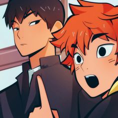 two anime characters one with red hair and the other wearing black, pointing at something