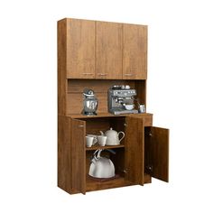 an open cabinet with coffee pots and cups