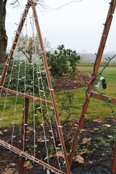 a wooden structure with ropes attached to it in the middle of a field next to a tree