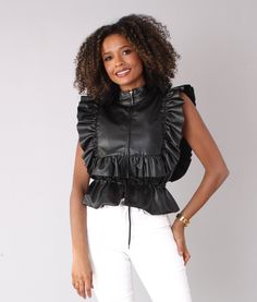 For Her NYC 81758 1 piece Sleeveless Faux Leather Top Colors: Black Sizes: S, M, L, XL, 1X, 2X Sleeveless Faux Leather Top For Night Out, Sleeveless Faux Leather Party Top, Black Vest For Night Out In Spring, Chic Black Vest For Spring, Leather Peplum Tops, Nyc Fall, Leather Peplum, Waist Jacket, Faux Leather Top