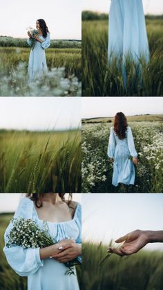 a woman in a blue dress is standing in tall grass and holding a bunch of flowers