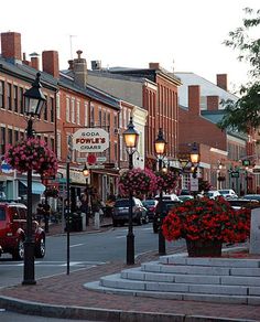 a city street filled with lots of traffic and flowers on top of the sidewalk next to tall buildings