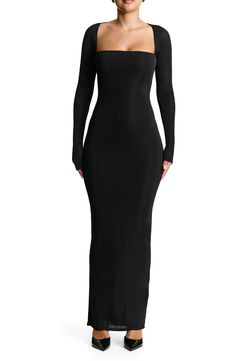 With a fit like second skin, this figure-hugging maxi is sure to be a go-to for brunch or date night thanks to the stretchy fabric and pretty-pink hue. 58" length (size Small) Square neck Long sleeves Lined 95% polyester, 5% spandex Hand wash, line dry Imported Long Sleeve Dress Black Women, Long Sleeve Classy Dress, Styling Black Maxi Dress, Black Dress Black Women, Long Sleeve V Neck Dress, Long Sleeve Black Dress, Baddie Vibes, Naked Wardrobe, Maxi Dress Sale