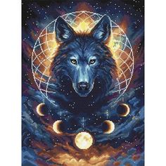 a cross stitch pattern with a wolf on the moon and stars in the night sky