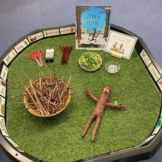 a table that has some items on top of it and a book in the middle