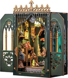 an elaborately designed dollhouse with furniture and accessories in it's display case