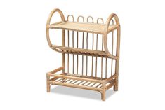 a bamboo magazine rack with two shelves on each side and one shelf attached to the back