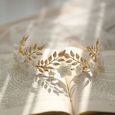 an open book with gold leaves and flowers on it