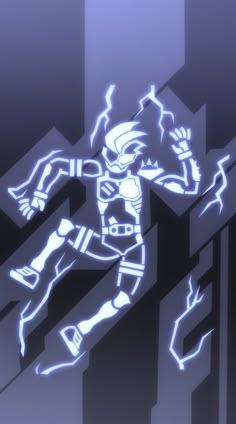 an animated image of a man running through the air with lightning coming out of his chest