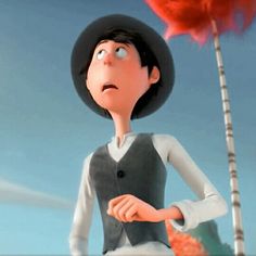 the animated character is wearing a hat and holding a red feather in her hand while standing next to a palm tree