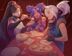 three women sitting at a table eating food