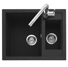 black double bowl kitchen sink with chrome faucet and two drainers on the side