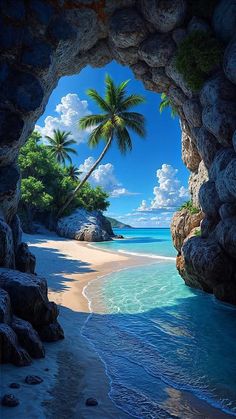 a painting of a tropical beach with palm trees and blue water under an arch in the rock