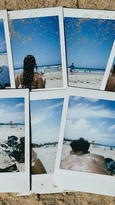 four polaroid photos of people sitting on the beach