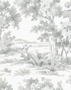 a wallpaper with trees and bushes in the foreground, on a white background