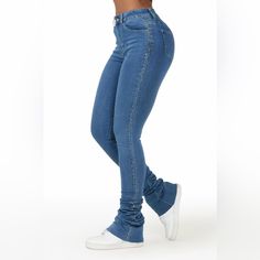 A Contemporary Pair Of Women's Stacked Flare Jeans In Medium Wash. Designed With Premium Stretch Fabric And A Super Stacked Denim Construction For The Perfect Pair Of Going-Out Jeans. Zip Fly With Button Closure 5-Pocket Build High-Waisted Silhouette Fitted Through The Hip Flare Leg Openings Stretch Waistband Frayed Hems Super Stacked Construction 46" Inseam These Run A Bit Small Rockstar Original Jeans, Stack Jeans, Stacked Denim, Stacked Jeans, Cute Fit, Blue Rhinestones, Girls Jeans, Christmas List, Things To Buy