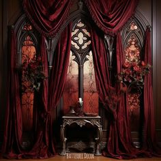 a room with red curtains and a table