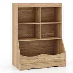 a wooden bookcase with three compartments on the front and two shelves in the back