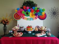 a table topped with lots of cakes and desserts