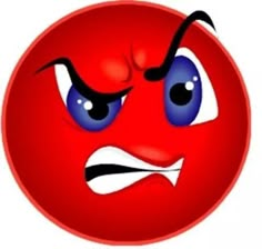 a red smiley face with blue eyes and an angry look on it's face