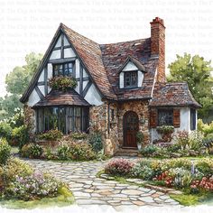 this is a watercolor painting of a house with flowers in the front yard and landscaping around it