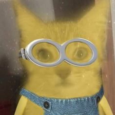 a yellow stuffed animal with glasses on it's eyes and overalls in front of a window