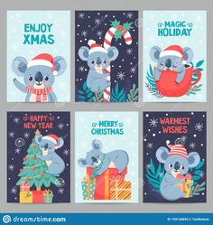 four christmas greeting cards with koalas and presents on the tree, merry new year