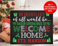 a christmas card with the words welcome home and presents in front of a christmas tree