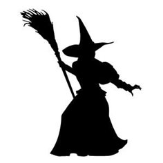 a black and white silhouette of a witch holding a broom with her hand on it