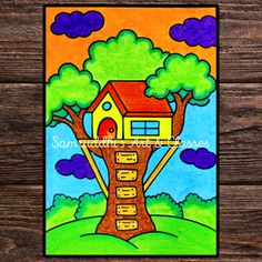 a drawing of a tree house on top of a wooden table with clouds in the background