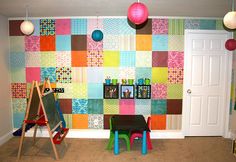 the room is decorated with multicolored squares