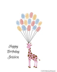 a giraffe is holding balloons with the words happy birthday joshua on it's back